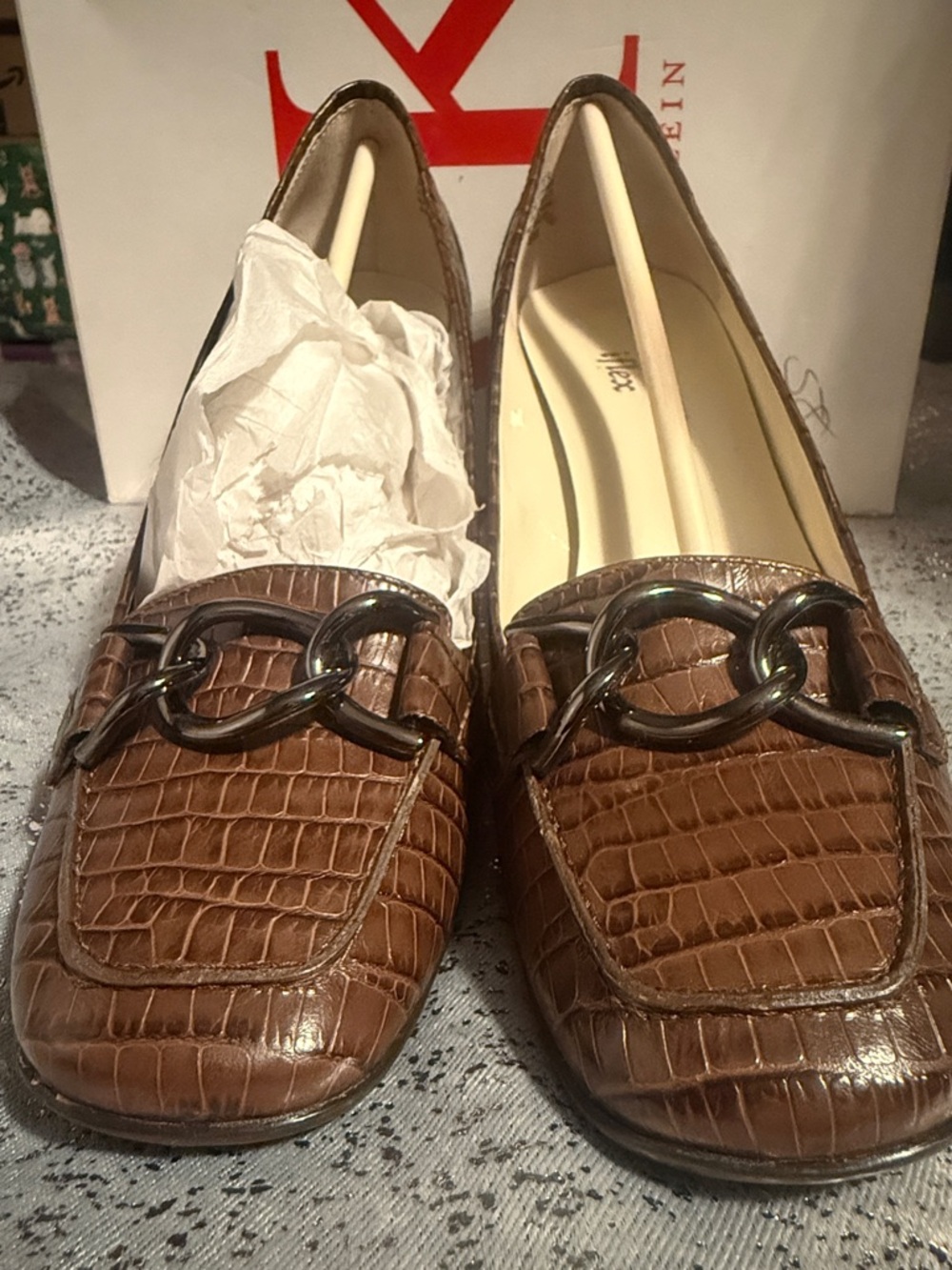 Anne Klein Dark Brown Croc Embossed Chain-Trim Heels